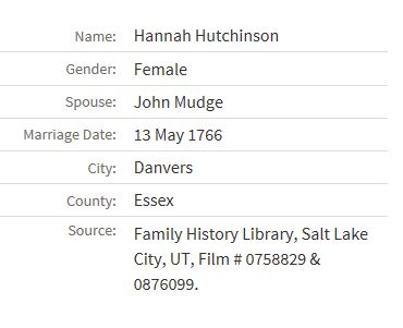 Marrige record for Hannah Hutchinson and John Mudge.